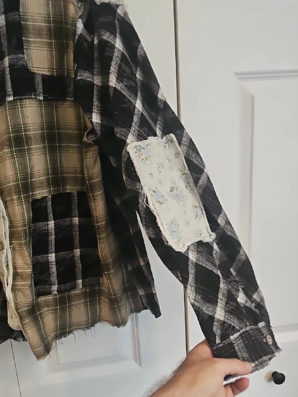 POL Patchwork Plaid Button-Down Shirt in Black, Green, Cream
